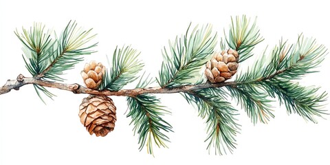 Watercolor painting of a pine branch with three pine cones. (1)