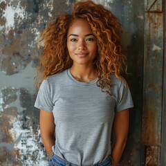 Fototapeta premium Black Woman Ginger Wearing Heather Grey Crewneck T-shirt, Rustic Background, T-shirt Mockups, Mockup Photos 