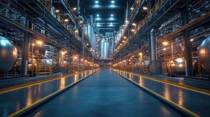 A vast industrial facility with metallic structures and lighting.