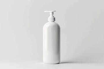 White plastic bottle with pump dispenser on white background.