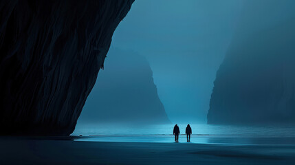 Fototapeta premium Explorers walking through misty, narrow passages of serene cave, surrounded by towering cliffs and tranquil atmosphere. scene evokes sense of adventure and mystery
