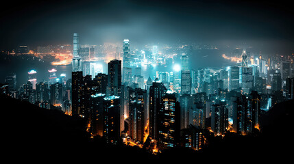 Fototapeta premium stunning cityscape at night featuring illuminated skyscrapers and vibrant skyline. scene captures beauty of urban life with glowing lights reflecting on water, creating mesmerizing atmosphere