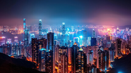 Fototapeta premium stunning cityscape at night featuring illuminated skyscrapers and vibrant lights reflecting on water, creating mesmerizing urban atmosphere