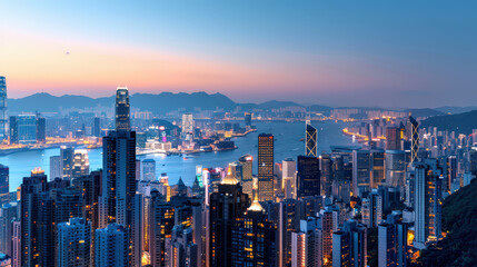 Obraz premium stunning cityscape view of skyscrapers towering above vibrant harbor at dusk, showcasing beauty of urban architecture and serene glow of twilight