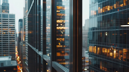 Cityscape view of skyscrapers with reflections in glass windows, showcasing urban life and architecture. scene captures vibrant city atmosphere during twilight