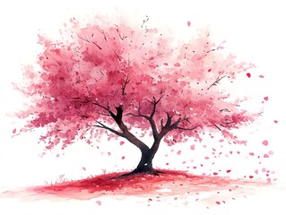 Watercolor painting of a blooming pink cherry blossom tree with petals falling to the ground. (1)