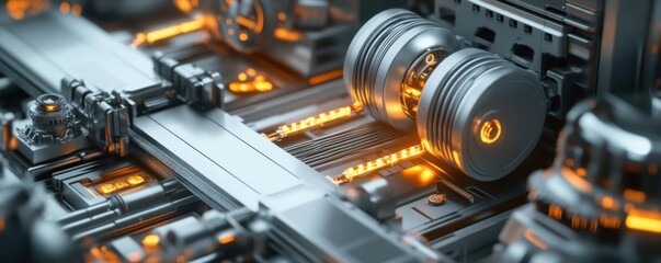 Mechanical model of an elevator system, pulleys and cables, detailed parts, glowing indicators showing motion, 3D render