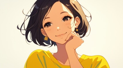 Cute Anime Character of a Japanese Woman with Short Hair and Yellow Earrings, Smiling Slightly While Touching Her Chin, Captured Against a White Background with a Focus on Facial Expressions.