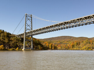 Bear Mountain bridge over Hudson River in October, featuring beautiful autumn colors