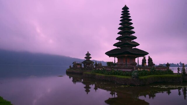 Pura Ulu Danau Temple Bali travel Indonesia Destination Exotic Place of worship in Silhouette. Lake temple Indonesian Culture Tranquil Scene Idyllic Tourism Balinese Hinduism Pagoda Beauty In Nature