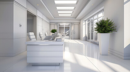 Modern clinic office with clean design, bright lighting, and minimalist decor creates welcoming atmosphere for patients. spacious layout enhances comfort and professionalism