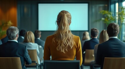 Obraz premium Audience watching a presentation in a modern conference room setting.