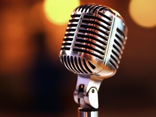 A shiny new chromed studio microphone on the foreground, some blurred people on the background music studio