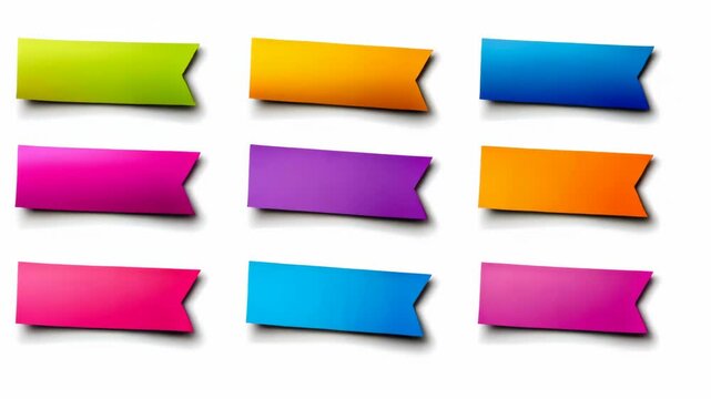 Nine colorful rectangular sticky notes with pointed ends are arranged in three rows on a white background