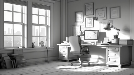 modern office space featuring desk with computer, surrounded by large windows allowing natural light to flood in. minimalist design includes framed artwork and organized stationery, creating