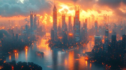 Fototapeta premium Futuristic Cityscape at Sunset