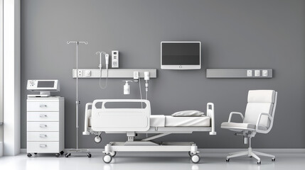 modern hospital room featuring medical bed, monitoring equipment, and essential medical tools. clean and organized space promotes sense of calm and care for patients