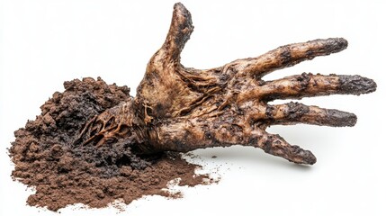 Fototapeta premium Creepy Zombie Hand Rising from Grave with Decayed Skin, Spooky Halloween Horror Detail in Realistic Style on White Background