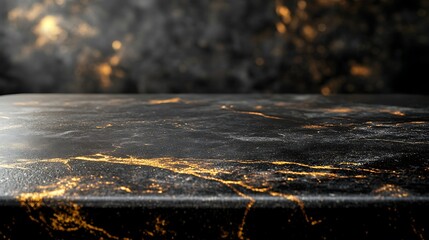 Close up of black marble countertop with golden veins.