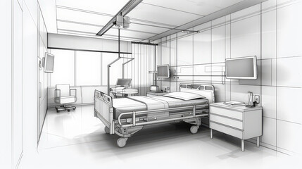 modern patient room featuring hospital bed, medical equipment, and clean, minimalist design. space is well lit with large windows, creating calming atmosphere for recovery