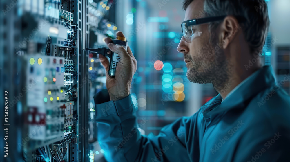 Poster close up of electrical engineer testing voltage in control panel, showcasing precision and focus in 