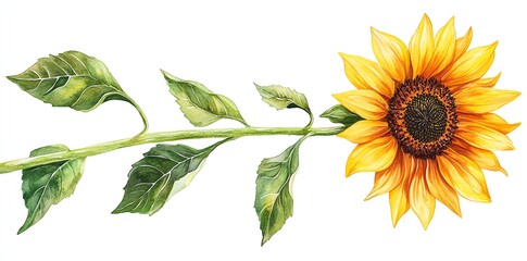 Watercolor painting of a single sunflower with green leaves and a long stem.