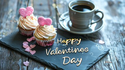 Happy valentines day text on writing slate by cupcakes and coffee cup on table. love and valentine greeting with copy space. 