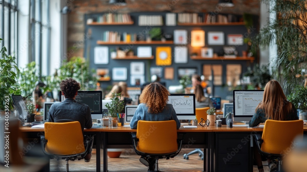 Poster office workspace with individuals working on computers surrounded by plants.