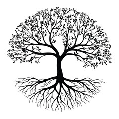 Obraz premium Design a minimalist, black silhouette of a tree with exposed, sprawling roots 
