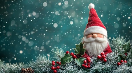 Obraz premium Cute Christmas gnome with red hat and pin cone tree and snowflakes in green background 