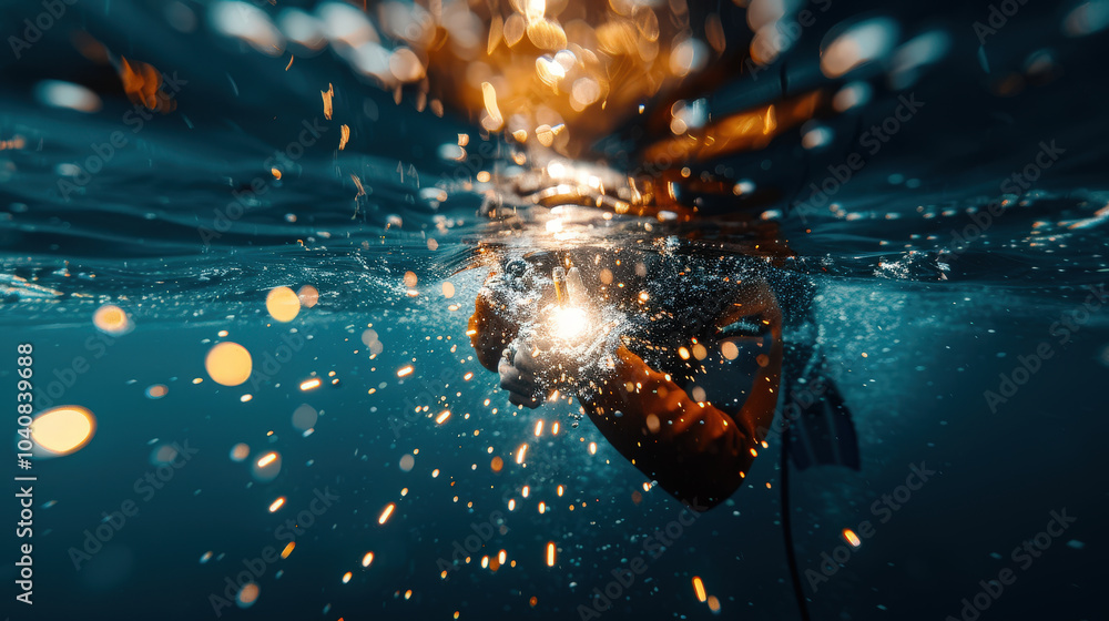 Poster diver using torch to weld underwater, creating bright sparks and bubbles in mesmerizing underwater s