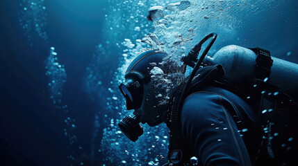 Diver underwater with bubbles, showcasing beauty of deep sea exploration and thrill of adventure. scene captures essence of underwater life and divers experience