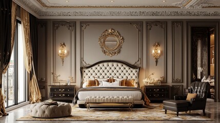 Photorealistic 3D interior rendering featuring a luxurious bedroom with detailed decor