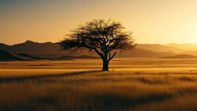 A single tree stands tall in a vast desert landscape at sunset, surrounded by golden grass and distant mountains