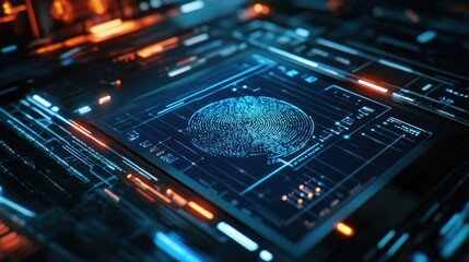 Fototapeta premium A digital fingerprint on a circuit board with glowing lines, representing security and technology.