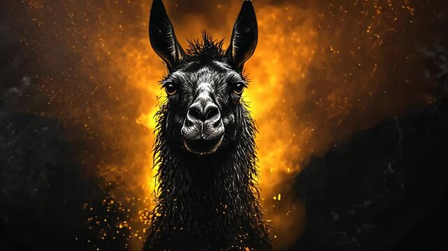 A black llama stands calmly in front of a fiery orange background