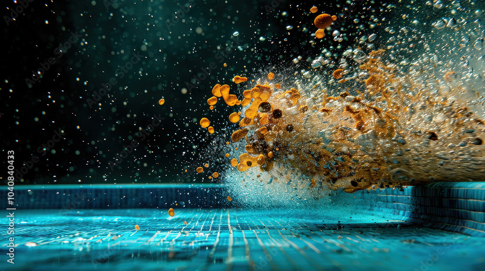 Poster underwater scene capturing vibrant bubbles and particles rising from pool floor, creating dynamic an