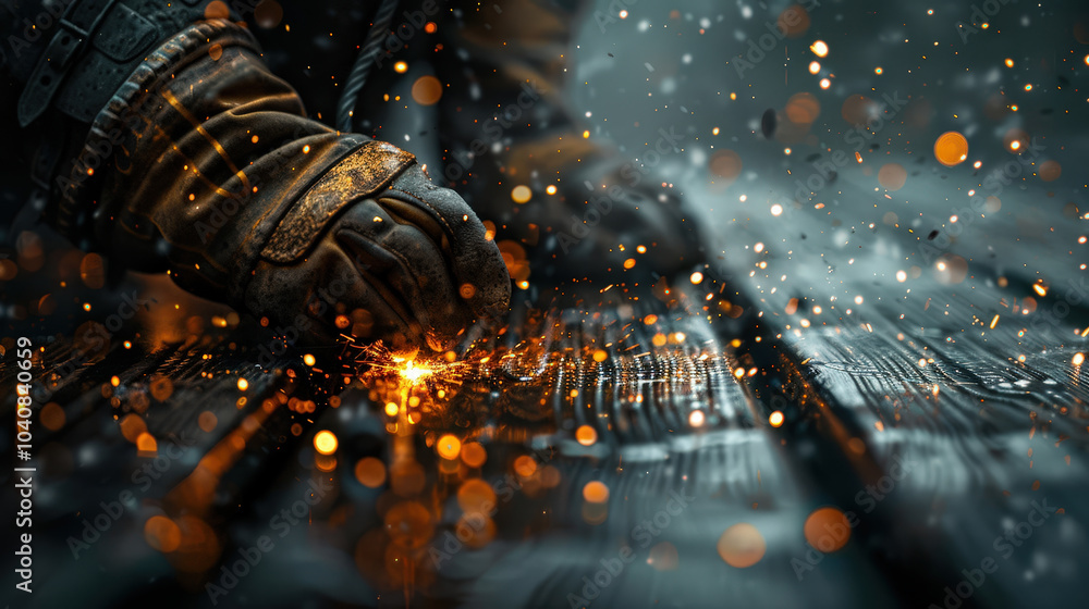 Poster skilled welder works meticulously, creating sparks that illuminate dark surroundings. focus on craft