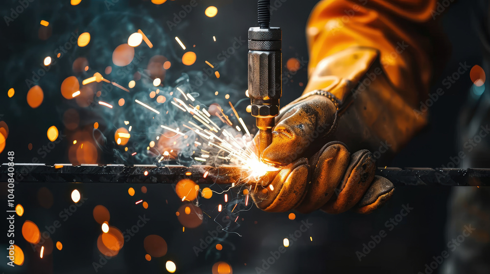 Poster close up of underwater welder using cutting torch, creating sparks and bright light. scene captures 