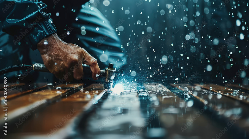 Poster close up of person using cutting torch in rain, creating sparks and illuminating wet surface. scene 