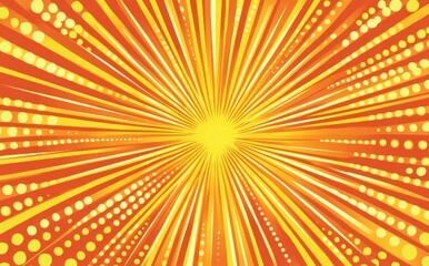 Flat Vector Background Featuring Halftone Dots in Yellow and Orange Tones, Creating an Energetic Comic Book-Style Design with Sun Rays, Ideal for Graphic Projects.

