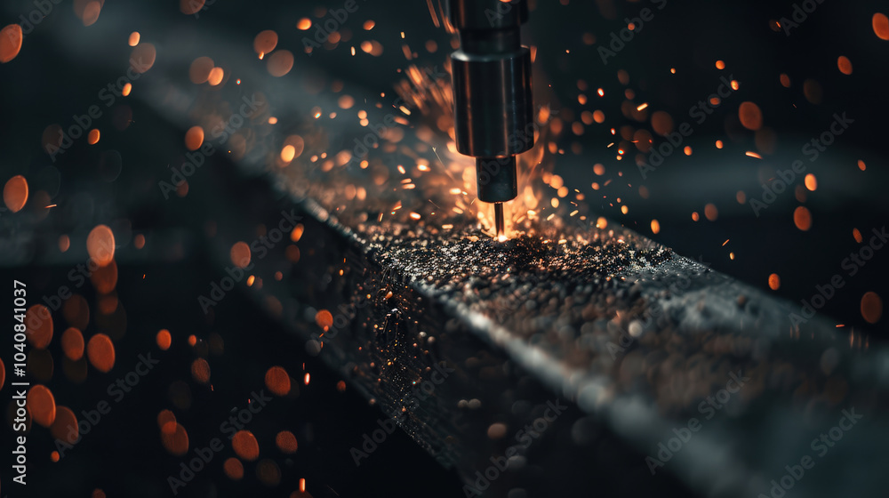 Poster close up of underwater welder using torch to cut metal, creating sparks and dramatic display of ligh