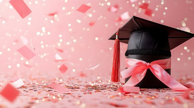 Photography of a graduation cap with a diploma ribboned together surrounded by flying papers representing new beginnings and opportunities with copy space for text on the side isolated background