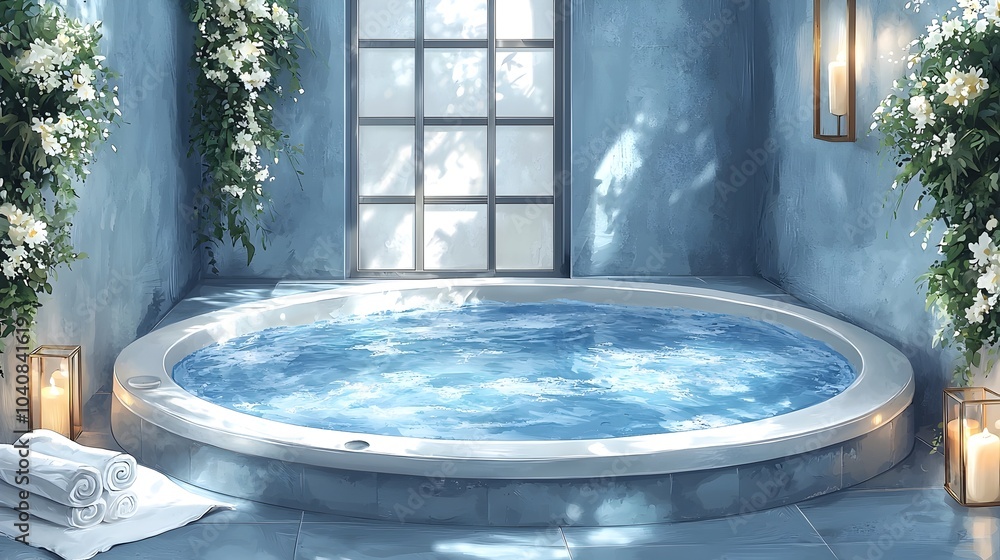 Poster luxurious spa interior featuring a jacuzzi surrounded by an array of candles and soft warm lighting 