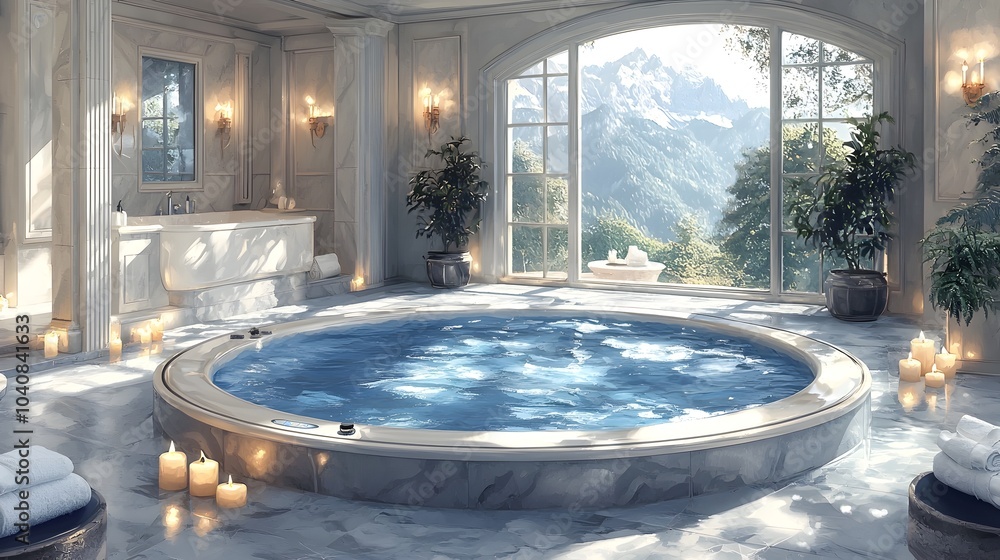 Poster luxurious spa interior featuring a jacuzzi surrounded by an array of candles and soft lighting creat