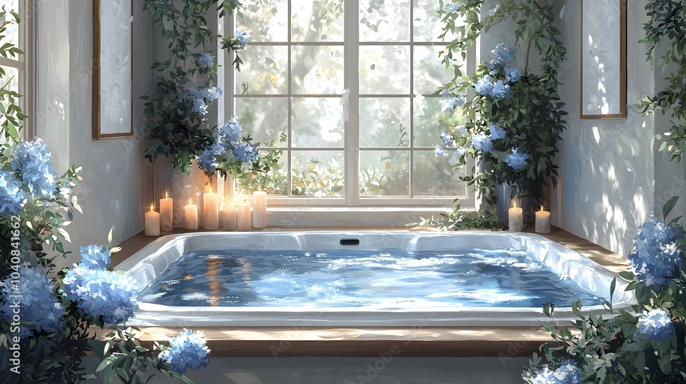 Poster luxurious spa interior featuring a relaxing jacuzzi surrounded by flickering candles and soft ambien