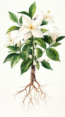 Watercolor painting of a white flower with green leaves and roots on a white background.