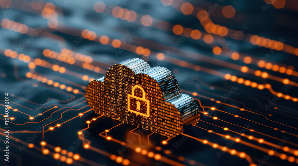 Poster secure cloud storage with padlock symbol represents cybersecurity and data protection. glowing circu