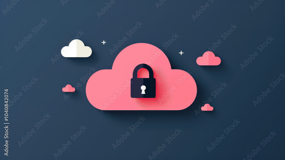 Poster secure cloud storage is represented by pink cloud with padlock, symbolizing safety and protection in