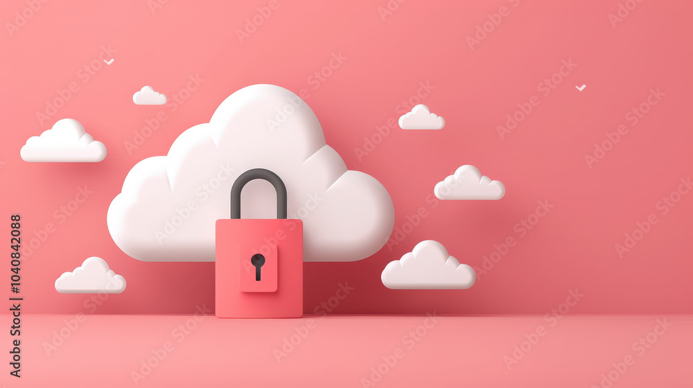 Poster secure padlock symbolizing cloud security is set against soft pink background with fluffy clouds. th